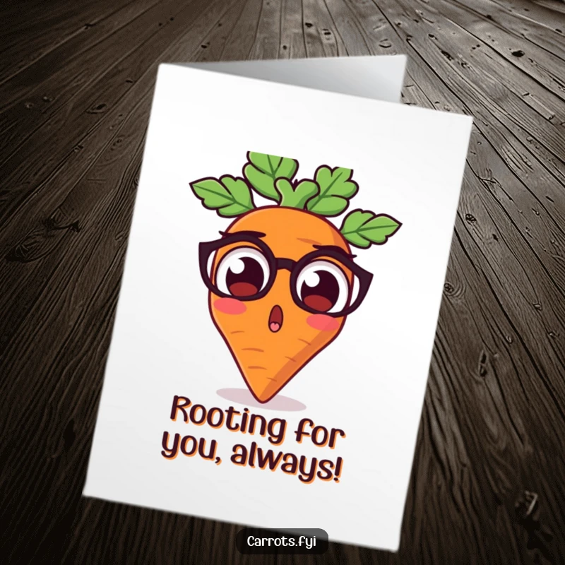 Funny Free Printable Congrats Card: Carrot character displaying comically large, surprised eyes. A unique downloadable gift.