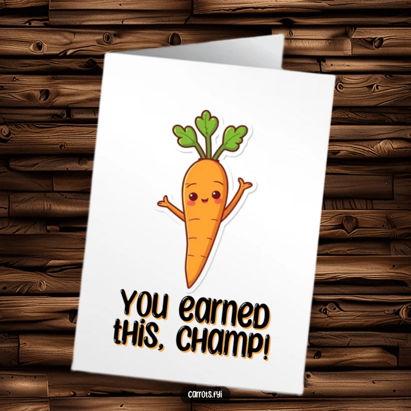 Funny Free Printable Congratulations Card: Proud carrot with arms akimbo, celebrating a major win, downloadable.