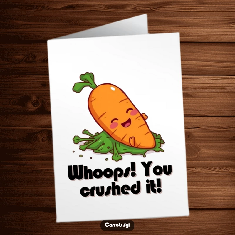 Free Printable Carrot character comically slipping on a spilled pile of greens, a clumsy but celebratory moment.