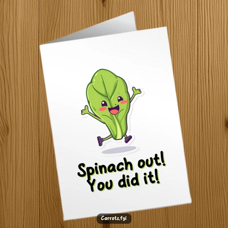 Funny free printable congratulations card with a happy spinach leaf character performing a comical, unexpected stunt.