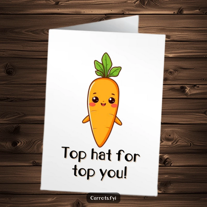 Funny Free Printable Congratulations Card: Carrot character wearing a sprout hat with pride, celebrating success.