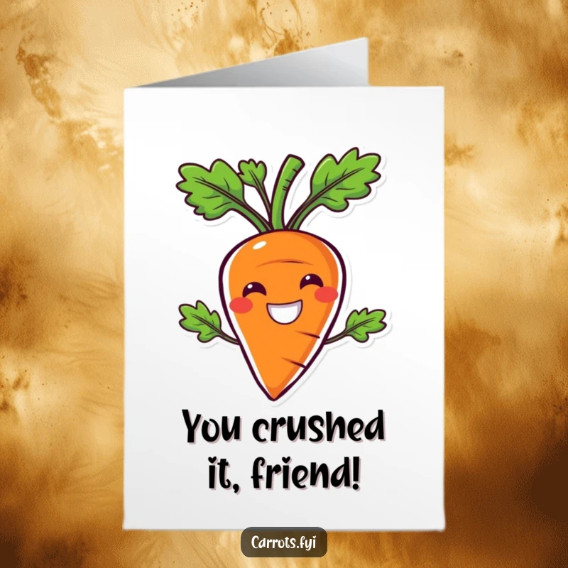 Funny Free Printable Congratulations Card: Carrot character with a wide smile, symbolizing crunchy success.