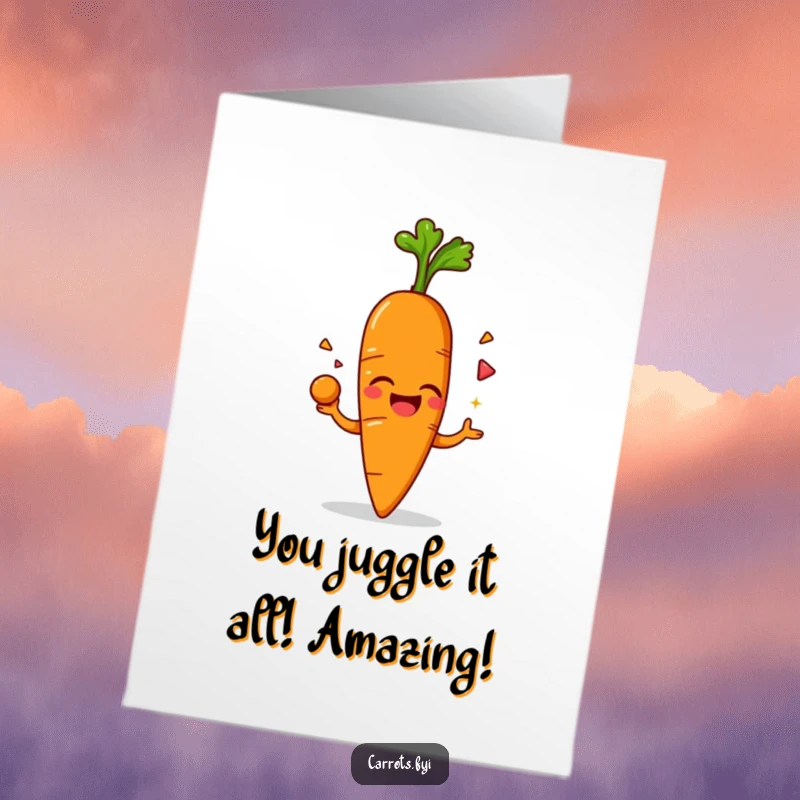 Funny Free Printable Congratulations Card: Amused anthropomorphic carrot character juggling its leafy green top with impressive skill.