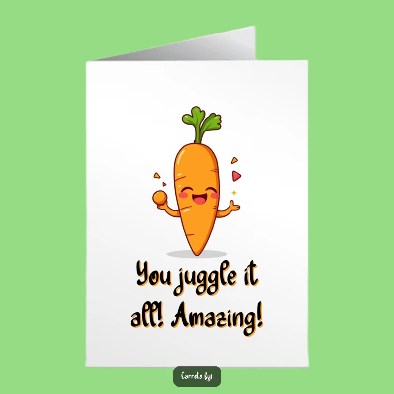 Free Printable Congratulations Card: Juggling Carrot AI Art Funny Downloadable Gift