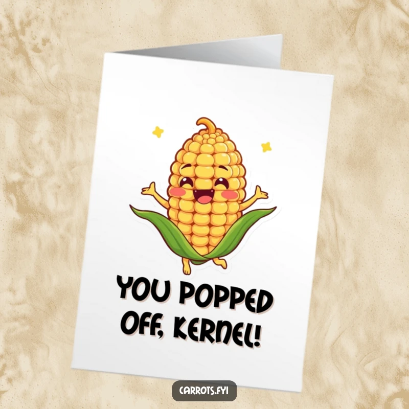Funny Free Printable Congratulations Card: An anthropomorphic corn kernel character spinning with excitement to mark an achievement.