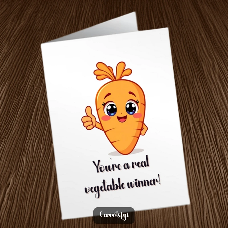 Funny Free Printable Carrot Congratulations Card: A carrot with big eyes giving a thumbs up in celebration, a great downloadable art message.