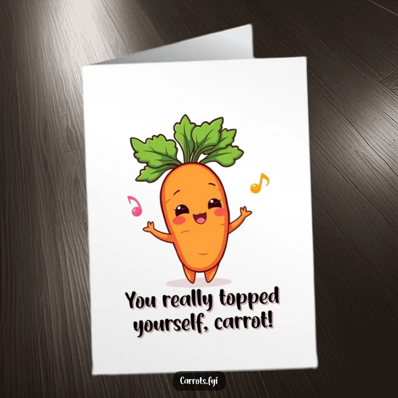 Funny Free Printable Congrats Card: Energetic carrot character juggling its leafy top, celebrating success. A great downloadable gift.