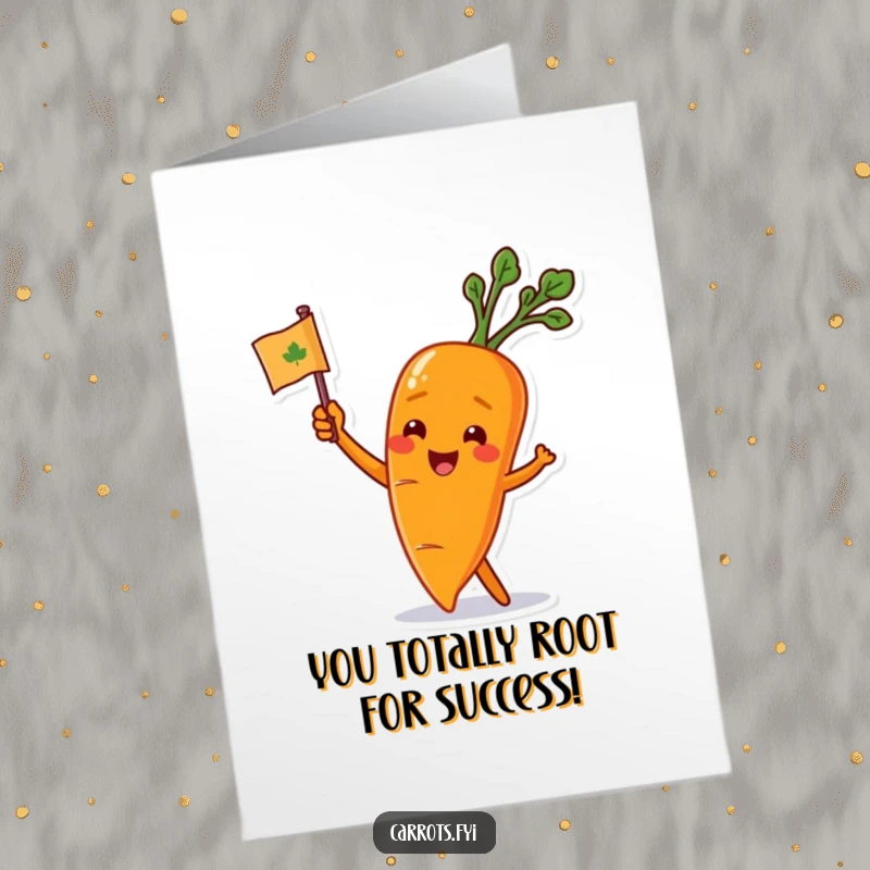 Funny Free Printable Congrats Card: Carrot waving a leafy flag with gusto, celebrating a fantastic achievement.