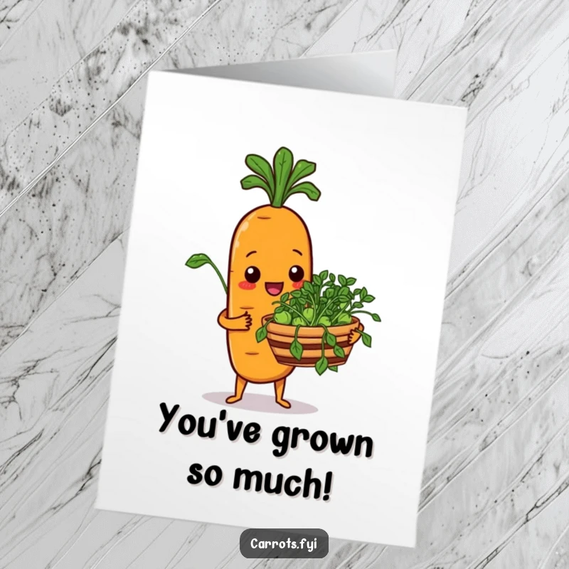 Funny Free Printable Congratulations Card of a carrot gleefully presenting sprouts, ideal for celebrating achievements.