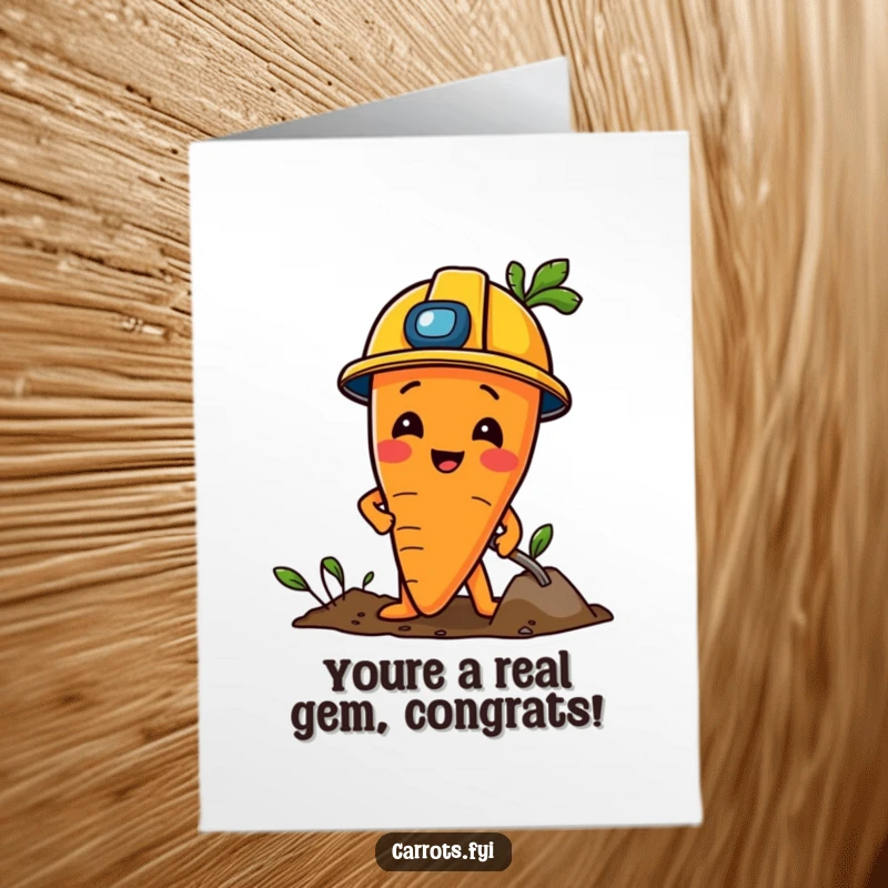 Funny Free Printable Congratulations Card featuring a carrot character in a construction helmet playfully digging.