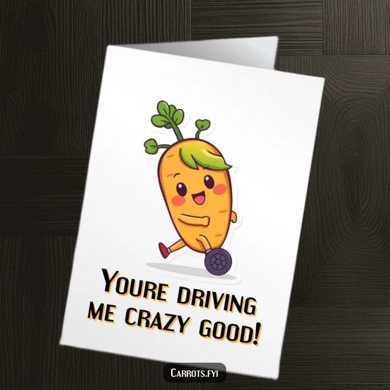 Funny Free Printable Congratulations Card: Carrot character with leafy hair zooms forward on tiny wheels, celebrating success.