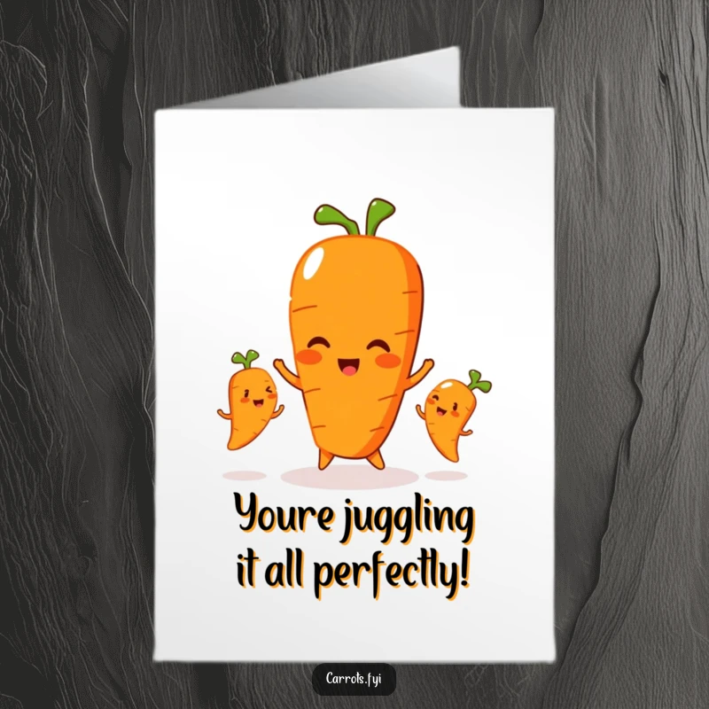 Funny Free Printable Congratulations Card: A carrot character playfully juggles three smaller, smiling carrots, congratulating them.