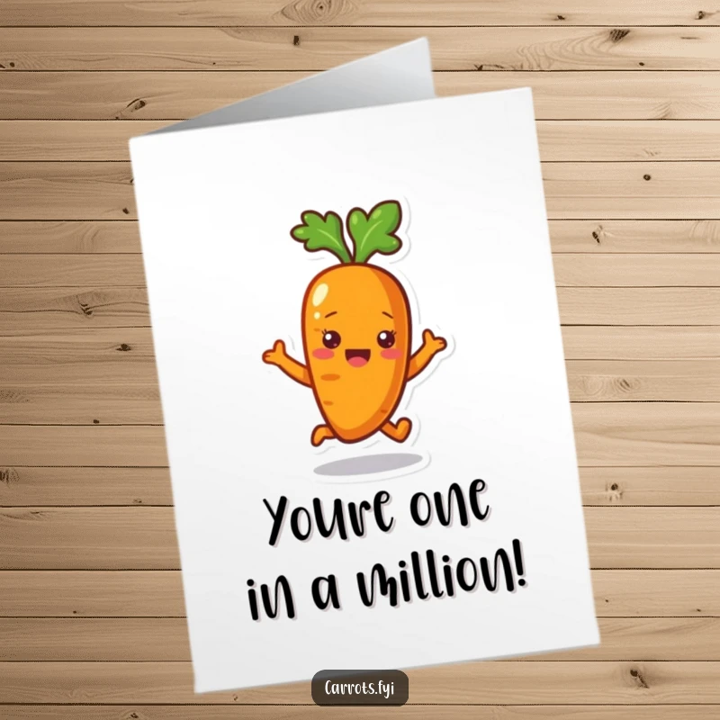 Funny Free Printable Congratulations Card: A delighted carrot character in mid-bounce, celebrating achievements with pure enthusiasm.