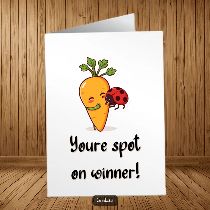 Funny Free Printable Congratulations Card: A smiling anthropomorphic carrot playfully nudges a ladybug, symbolizing friendship and shared joy.