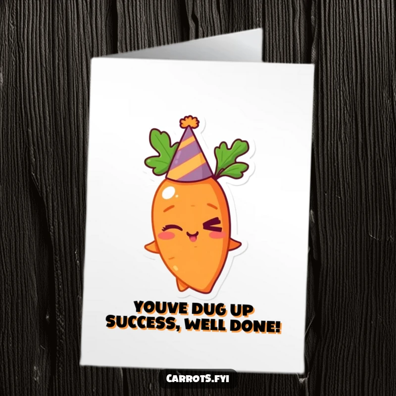 Funny Free Printable Congratulations Card: Mischievous carrot in a party hat winking, perfect for celebratory DIY downloadable art.