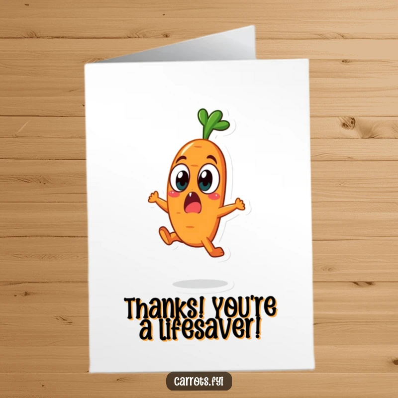 Funny Free Printable Carrot character doing a surprised leap with wide eyes, a delightful thank you message.