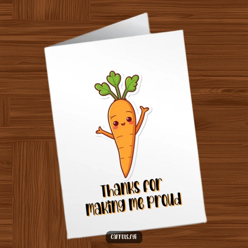 Funny Free Printable Thank You Card: A proud carrot with arms akimbo, showing heartfelt thanks, downloadable.