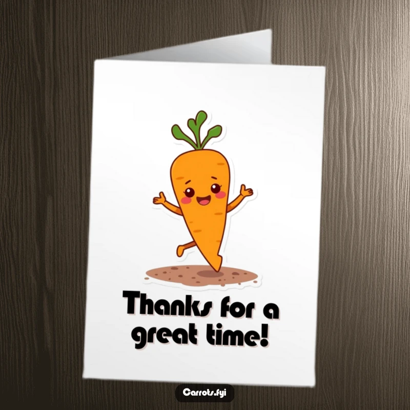 Funny Free Printable Thank You Card: A joyful carrot jigs enthusiastically, kicking up soil, symbolizing full-hearted thanks.