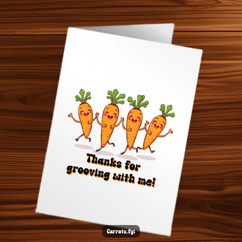 Funny Free Printable Thank You Card: A grinning bunch of carrots dances in unison, expressing thanks with joyful rhythm.