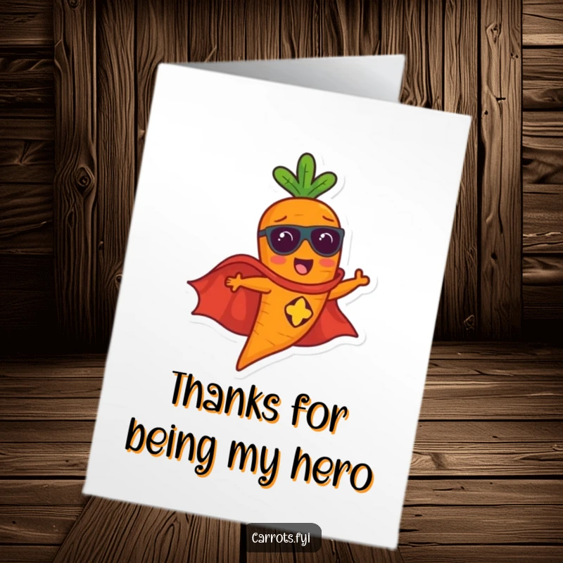 Funny Free Printable Thank You Card: A carrot in a superhero cape flying swiftly, delivering thanks with super speed.