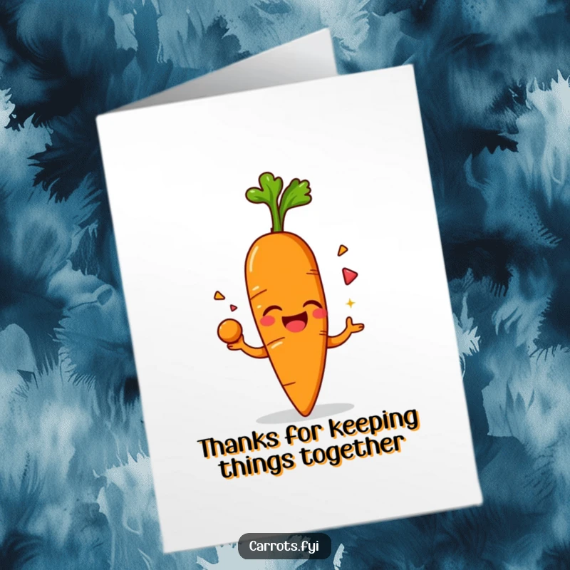 Funny Free Printable Thank You Card: A cheerful anthropomorphic carrot character giggling while juggling its vibrant leafy greens.