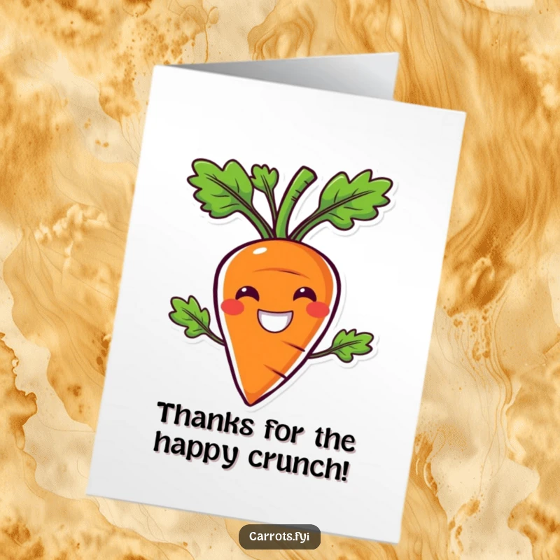 Funny Free Printable Thank You Card: Carrot character with a wide smile, conveying thanks with crunchiness.