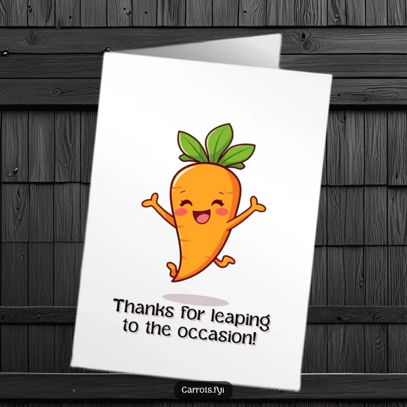 Funny Free Printable Thank You Card: A happy carrot stick jumps for joy, conveying sincere thanks playfully.