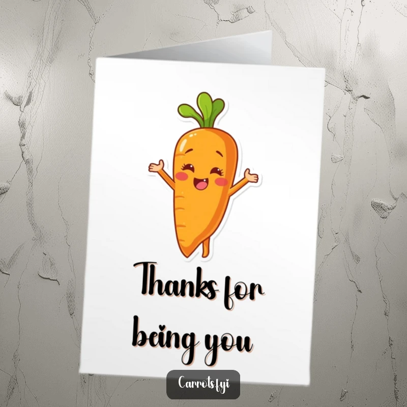Funny Free Printable Thank You Card: a carrot character cheerfully peels itself to unveil a bright, smiling inner surface.