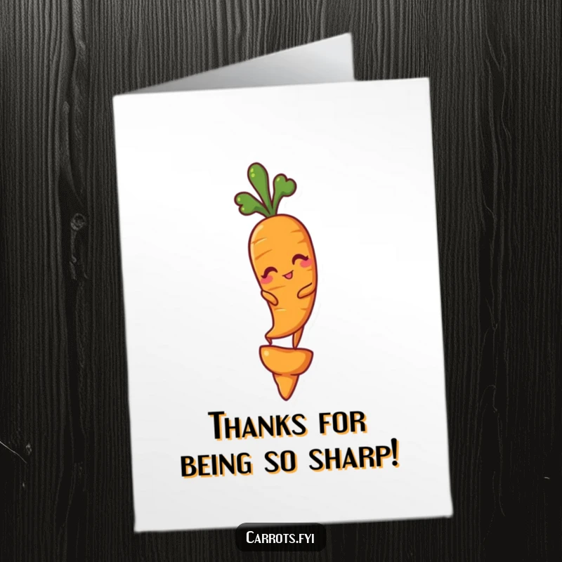Funny Free Printable Thank You Card: A cool carrot winks while expertly balancing on its tip, showing elegant gratitude.