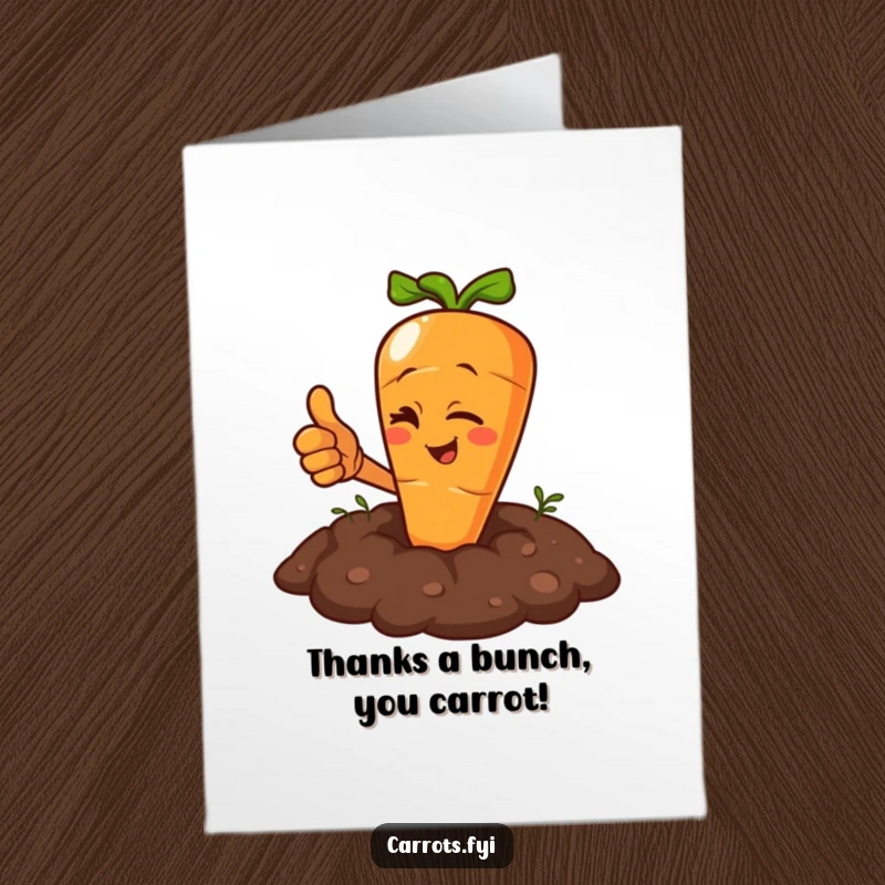 Funny Free Printable Thank You Card of a carrot character winking and giving a thumbs up from the soil.