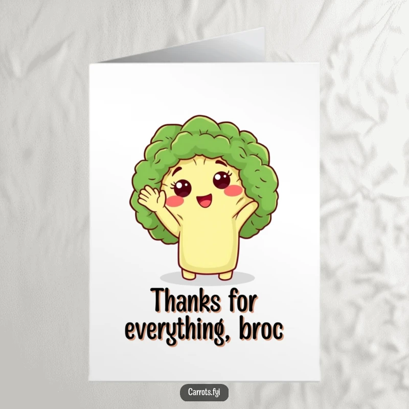 Funny Free Printable Thank You Card: A cute broccoli floret character extending a friendly wave to show appreciation.