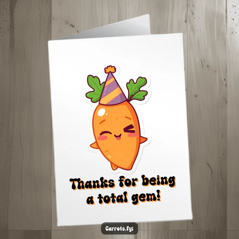 Funny Free Printable Thank You Card: Carrot character winking playfully, ideal for a humorous, downloadable thank you gift.