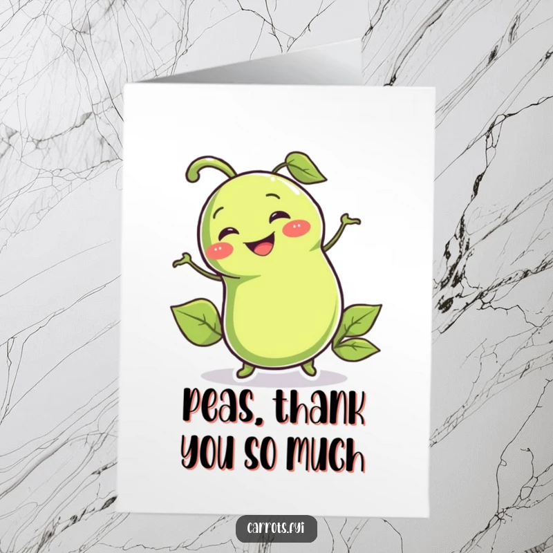 Funny Free Printable Thank You Card: A smiling pea pod character wiggling enthusiastically, conveying heartfelt thanks.