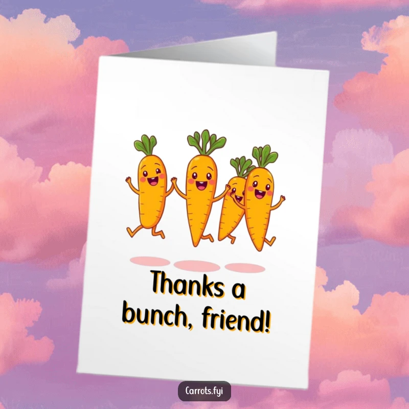 Funny Free Printable Thank You Card: Grinning carrots doing a synchronized jump, expressing gratitude with humor, a delightful DIY present.