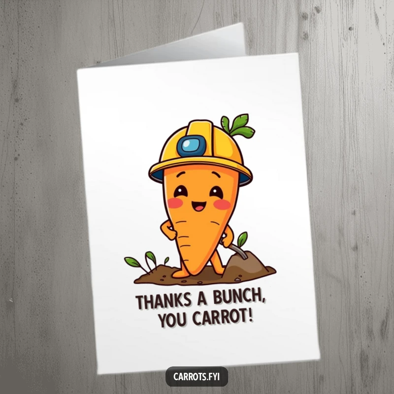 Funny Free Printable Thank You Card of a carrot character in a construction helmet, playfully digging.