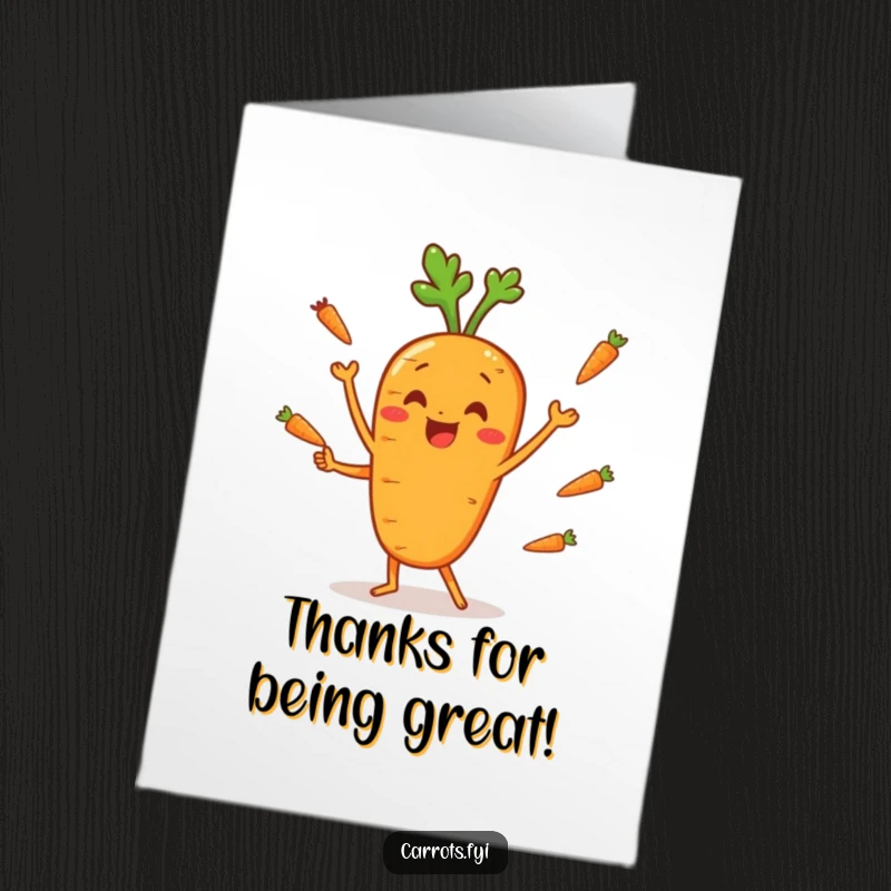 Funny Free Printable Thank You Card: A carrot character masterfully juggling carrot sticks with a happy expression.