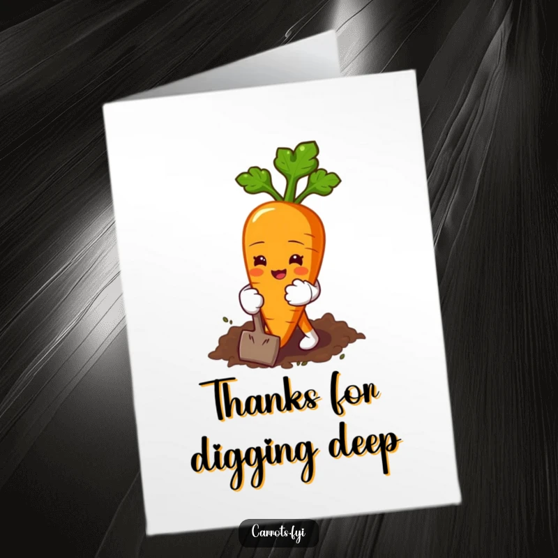 Funny Free Printable Thank You Card: a carrot character wearing small gardening gloves happily digs in the dirt.