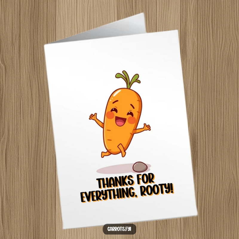 Funny Free Printable Thank You Card: A happy carrot excitedly kicks a tiny pebble, expressing thanks with downloadable charm.