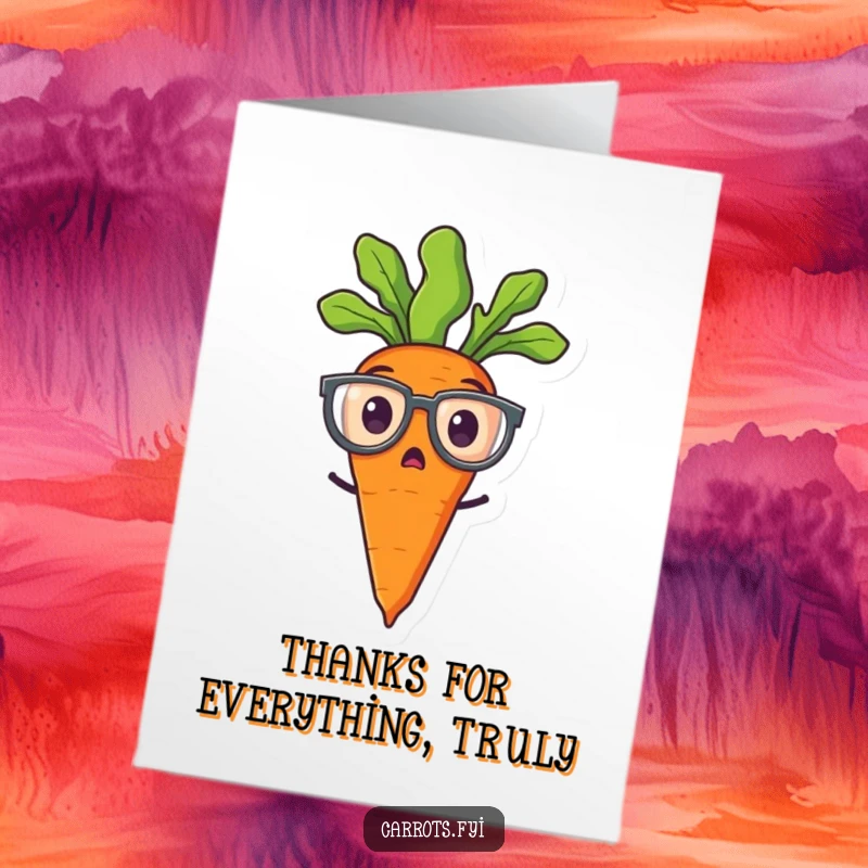 Funny Free Printable Thank You Card: Surprised carrot with spectacles, conveying gratitude, downloadable.