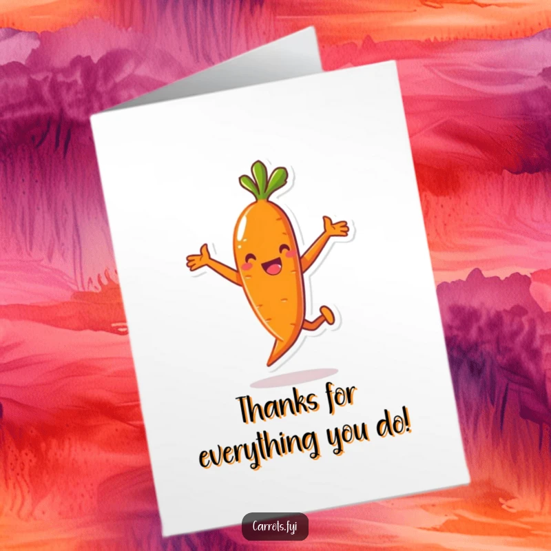 Funny Free Printable Thank You Card: Energetic anthropomorphic carrot character performing a playful hop, expressing thanks with glee.