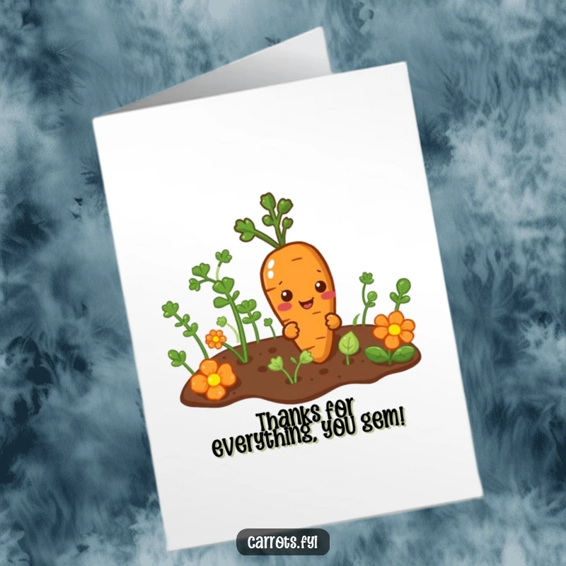Funny Free Printable Thank You Card: A curious carrot character peeking from the garden patch. A funny downloadable gift.