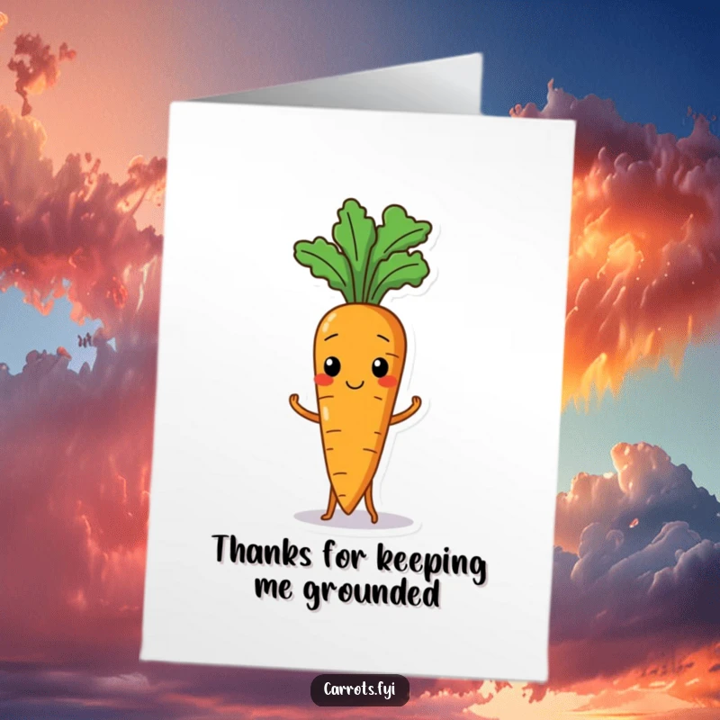 Funny Free Printable Thank You Card featuring a slightly off-balance carrot expressing gratitude with a charming wobble.