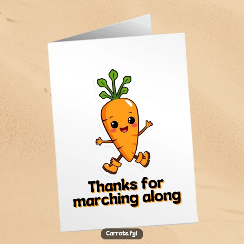 Funny Free Printable Thank You Card: Anthropomorphic carrot character with tiny boots, marching proudly to express gratitude.