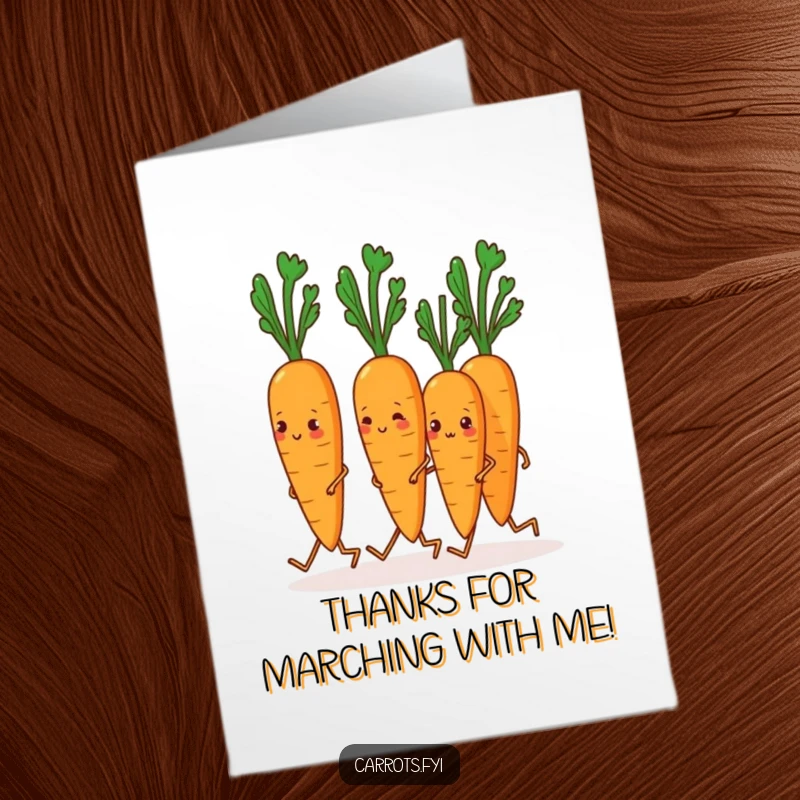 Funny Free Printable Thank You Card: A line of cheerful carrots with little legs marching in formation, expressing thanks.