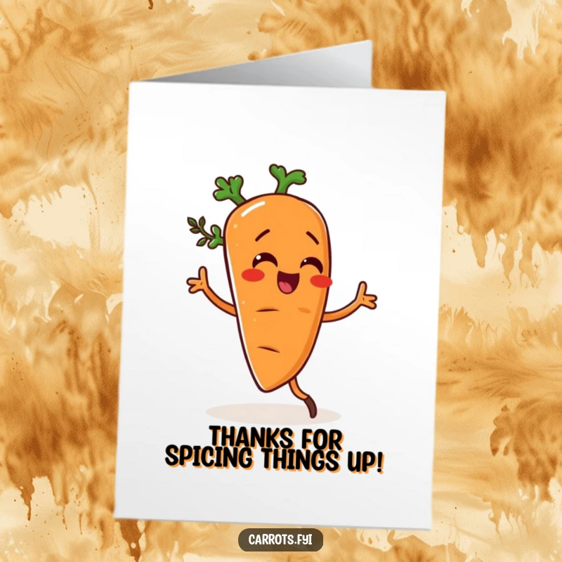 Funny Free Printable Thank You Card: Carrot character doing a silly herb-seasoned dance, conveying thanks humorously.
