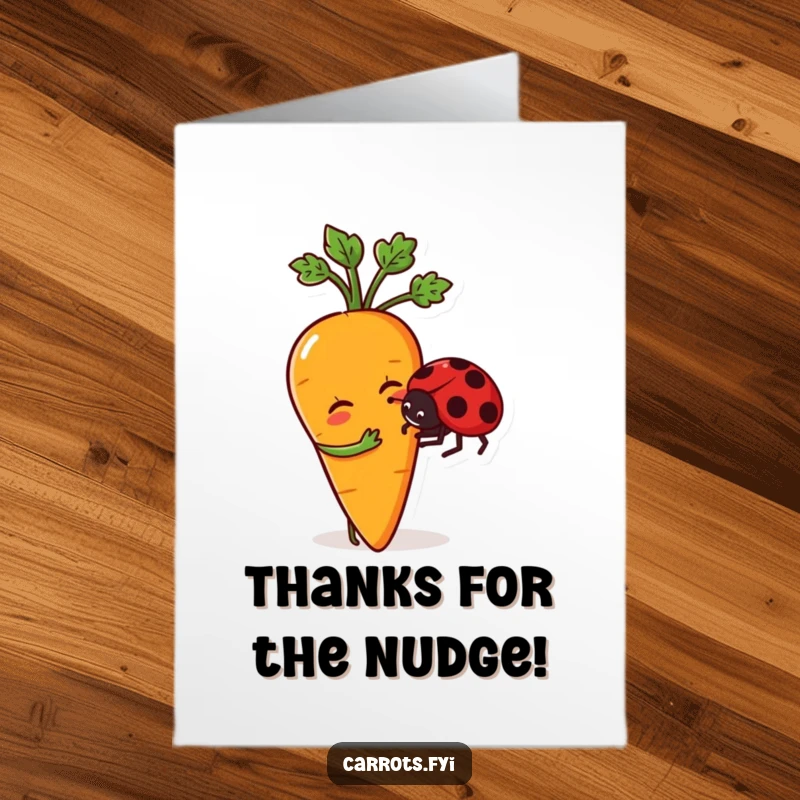 Funny Free Printable Thank You Card: An anthropomorphic carrot gently nudges a small ladybug, conveying thanks with a playful touch.