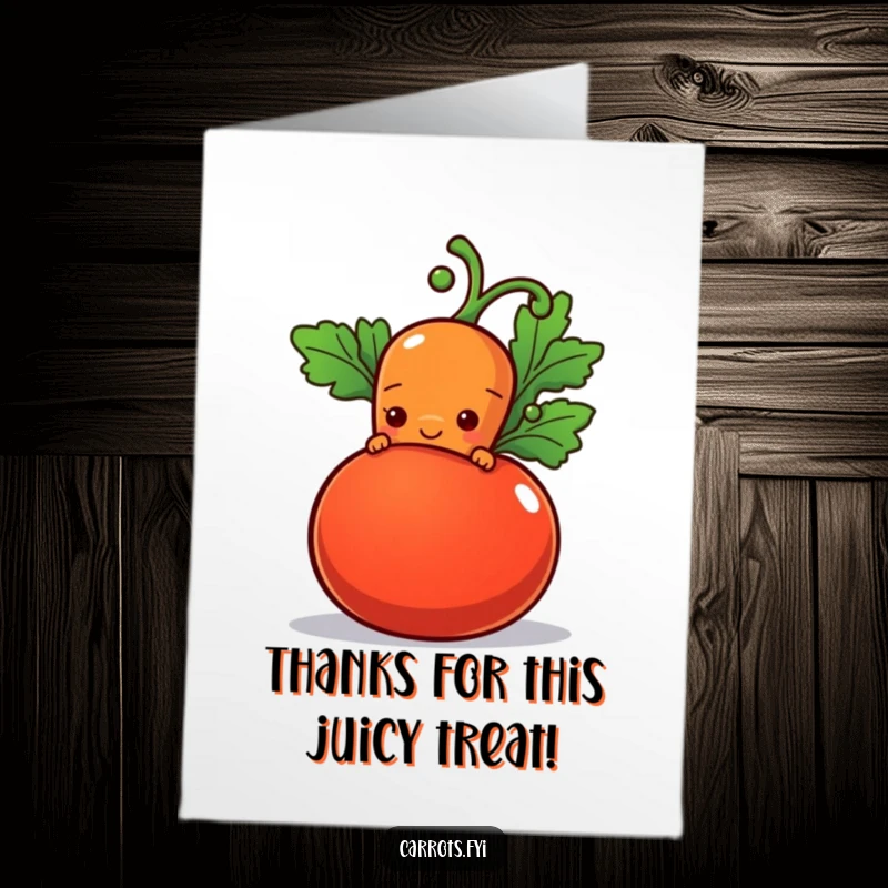 Funny Free Printable Thank You Card: Shy carrot peeks from behind a tomato with a hopeful smile, saying thank you.