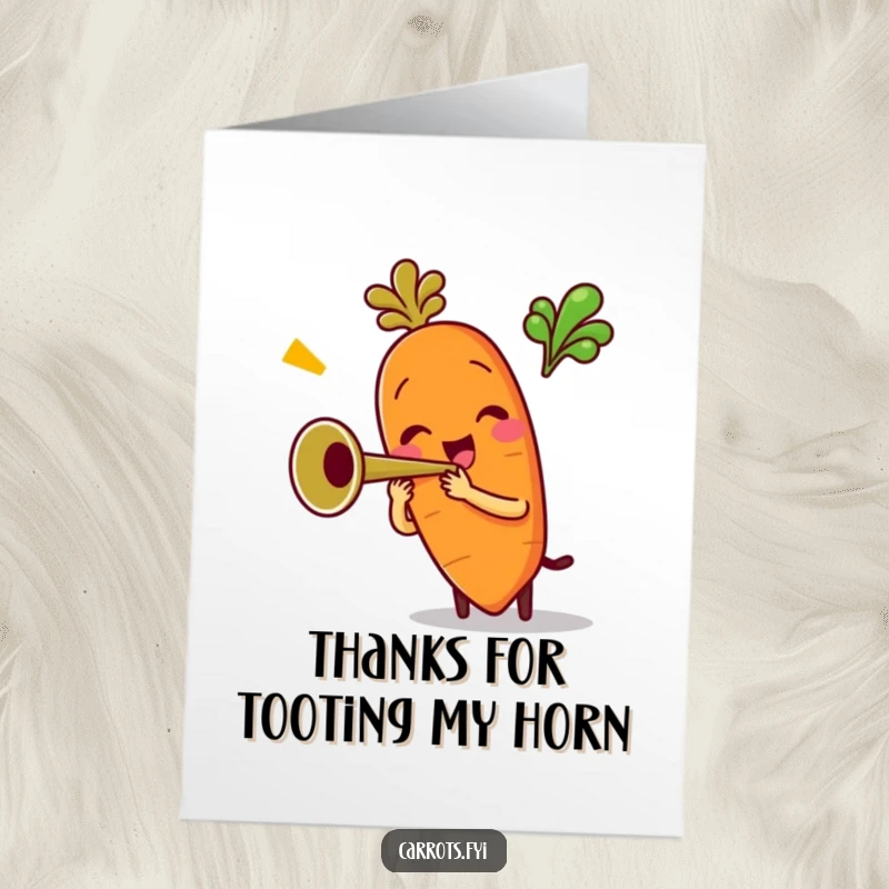 Funny Free Printable Thank You Card: Anthropomorphic carrot character playing a tiny trumpet with cheerful enthusiasm, conveying thanks.