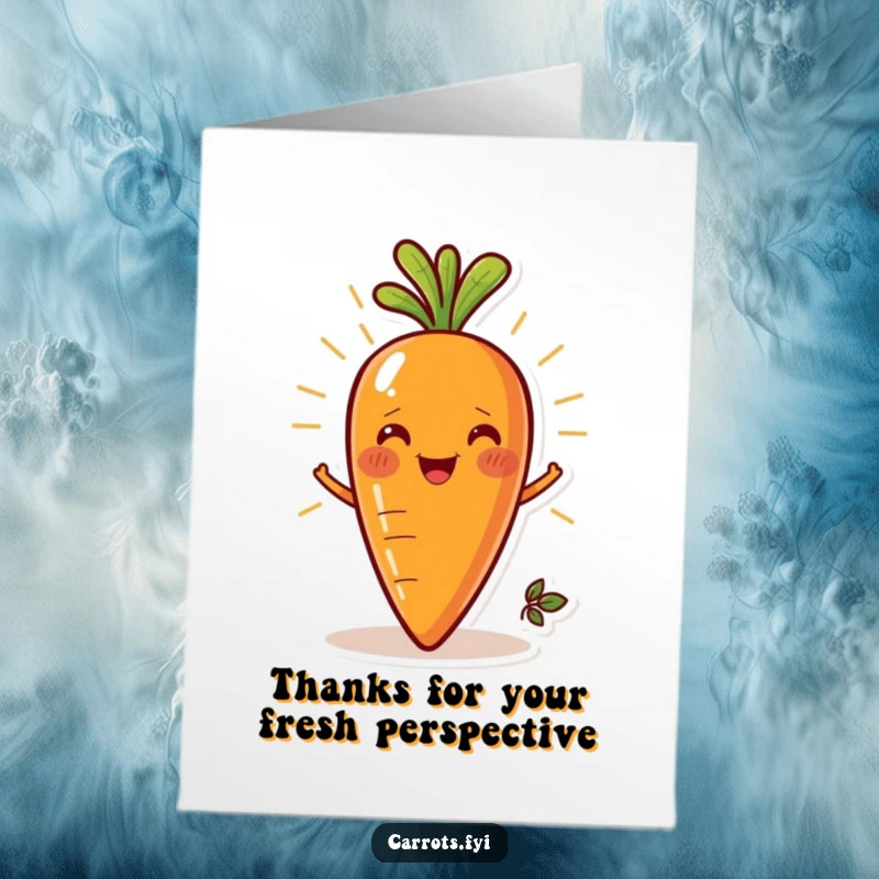 Funny free printable thank you card featuring a carrot with a beaming smile, embodying vibrant freshness and heartfelt thanks.