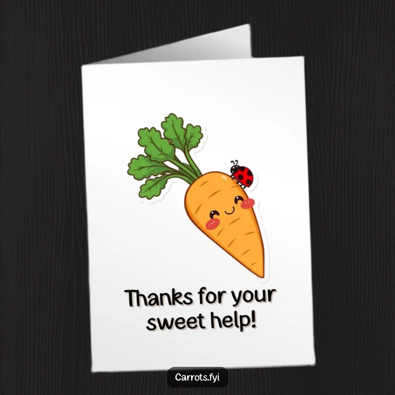Funny Free Printable Thank You Card: A carrot with rosy cheeks balancing a ladybug, a whimsical thank you gesture, a humorous downloadable art gift.
